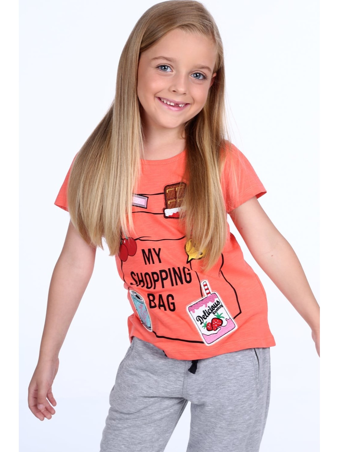 Girls\' T-shirt with patches, coral NDZ8112 - Online store - Boutique